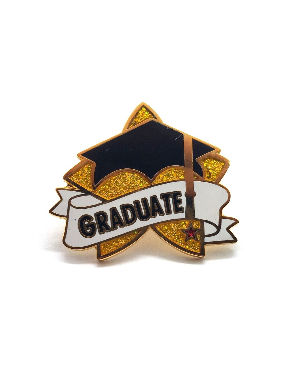 Graduate Pin Black Cap Gold Glitter Ribbon Student School Graduation Gift